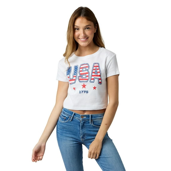 Stars & Stripes USA Women's White Crew Neck Short Sleeve Tee-Small