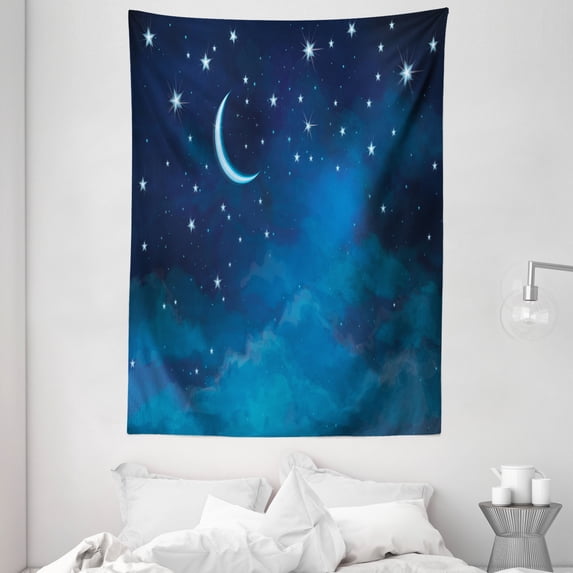 Stars Tapestry, Night Skyline Illustration with Watercolor Effect Crescent Moon and Clouds, Wall Hanging for Bedroom Living Room Dorm Decor, 60W X 80L Inches, Pale Blue Night Blue, by Ambesonne