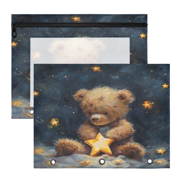 Stars Teddy Bear A4 Pencil Pouch 3 Ring Zipper Pencil Pouches Pencil Case for Binder Cosmetic Bag 2 Pack