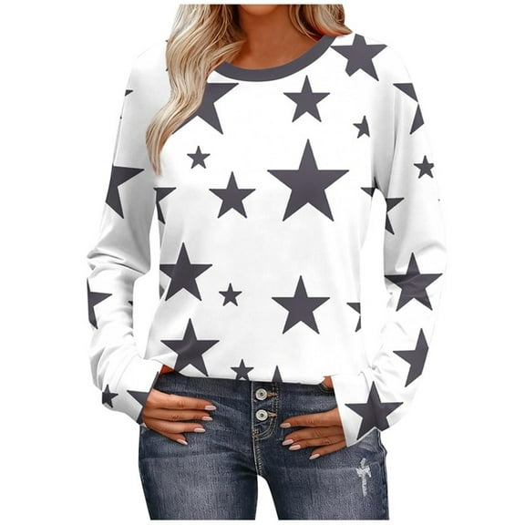 Stars Tees for Women Full Printed Tops Clothing Crewneck Long Sleeve Pullover Classic-Fit Tees Casual Soft Outfits Spring Fall Clothes Fashion Shirts