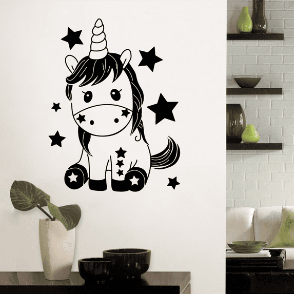 Stars Unicorn Cute Magical Unicorns Uni Corn Star Wall Sticker Art Decal for Girls Boys Kids Room Bedroom Nursery Kindergarten House Fun Home Decor Stickers Wall Art Vinyl Decoration Size (40x24 inch)