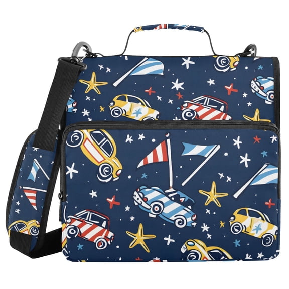 Stars Vehicles with Flags Binder Bag with Shoulder Strap 3 Ring Zipper Binder File Folder Document Storage