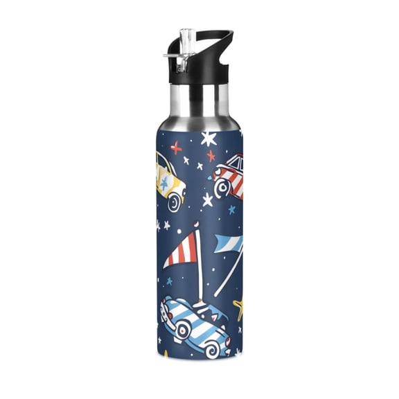 Stars Vehicles with Flags Sports Bottle with Straw Stainless Steel Water Jug Portable Thermal Cup Leak-proof 600ML