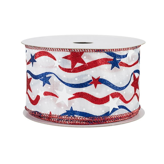 Stars Wavy Stripes Satin Ribbon - 2 1/2" x 10 Yards, Wired Edge, Red, White & Blue, USA, President's Day, Wreath, Memorial Day, 4th of July, Christmas