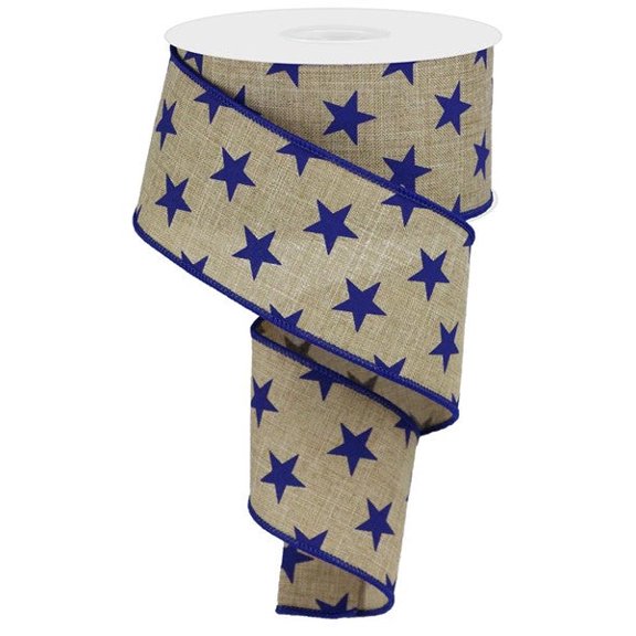 Stars Wired Edge Ribbon - 10 Yards (Light Beige, Navy Blue, 2.5")
