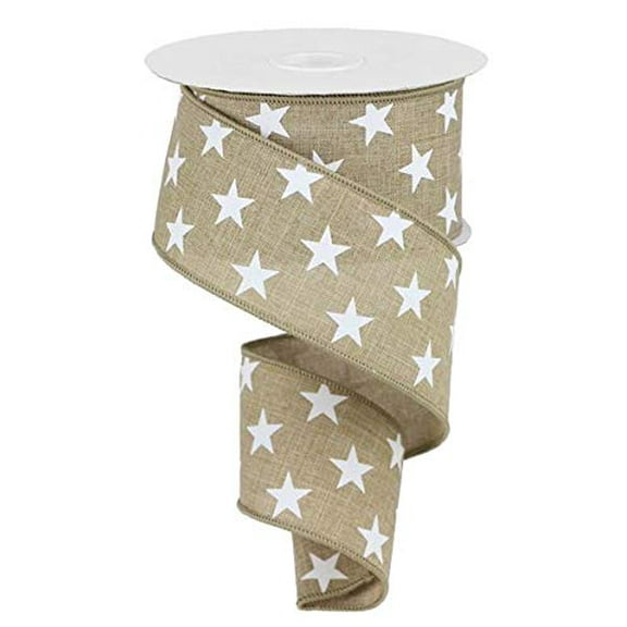 Stars Wired Edge Ribbon, Christmas, 4th of July, Light Beige White - 2.5 Inches x 10 Yards
