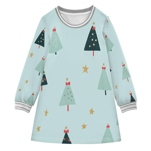 Stars and Christmas Trees Girls'long-sleeved dress Thickened A-dress Warm Dress Basic Shirt Party Dresses