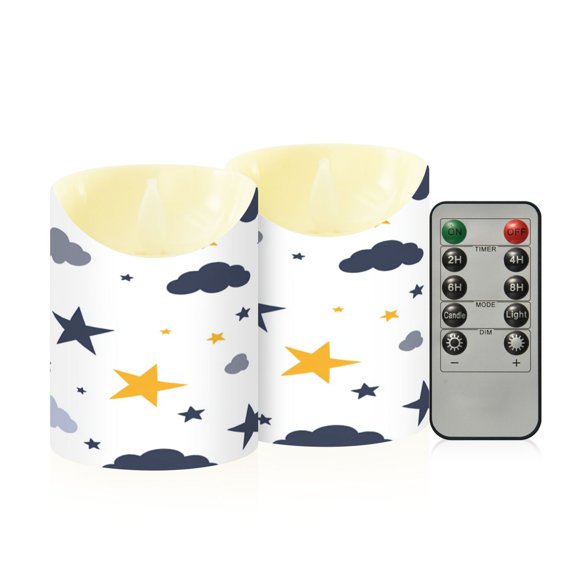 Stars and Clouds Drawn Flameless Candles 2 PCS with Remote Realistic Moving Flame LED Tapered Pillar Set for Home Decor