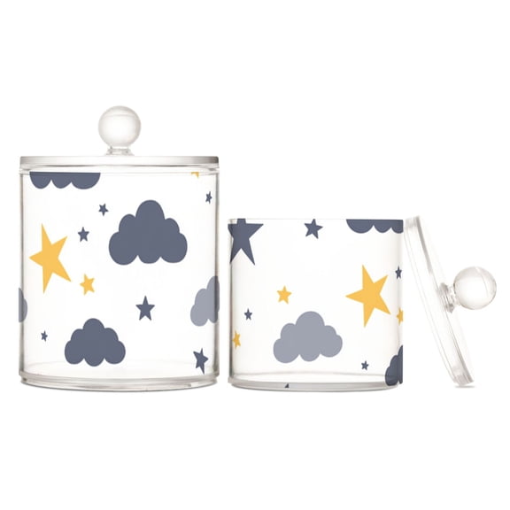 Stars and Clouds Drawn Translucent Plastic Cotton Swabs Canisters Large Medium Set