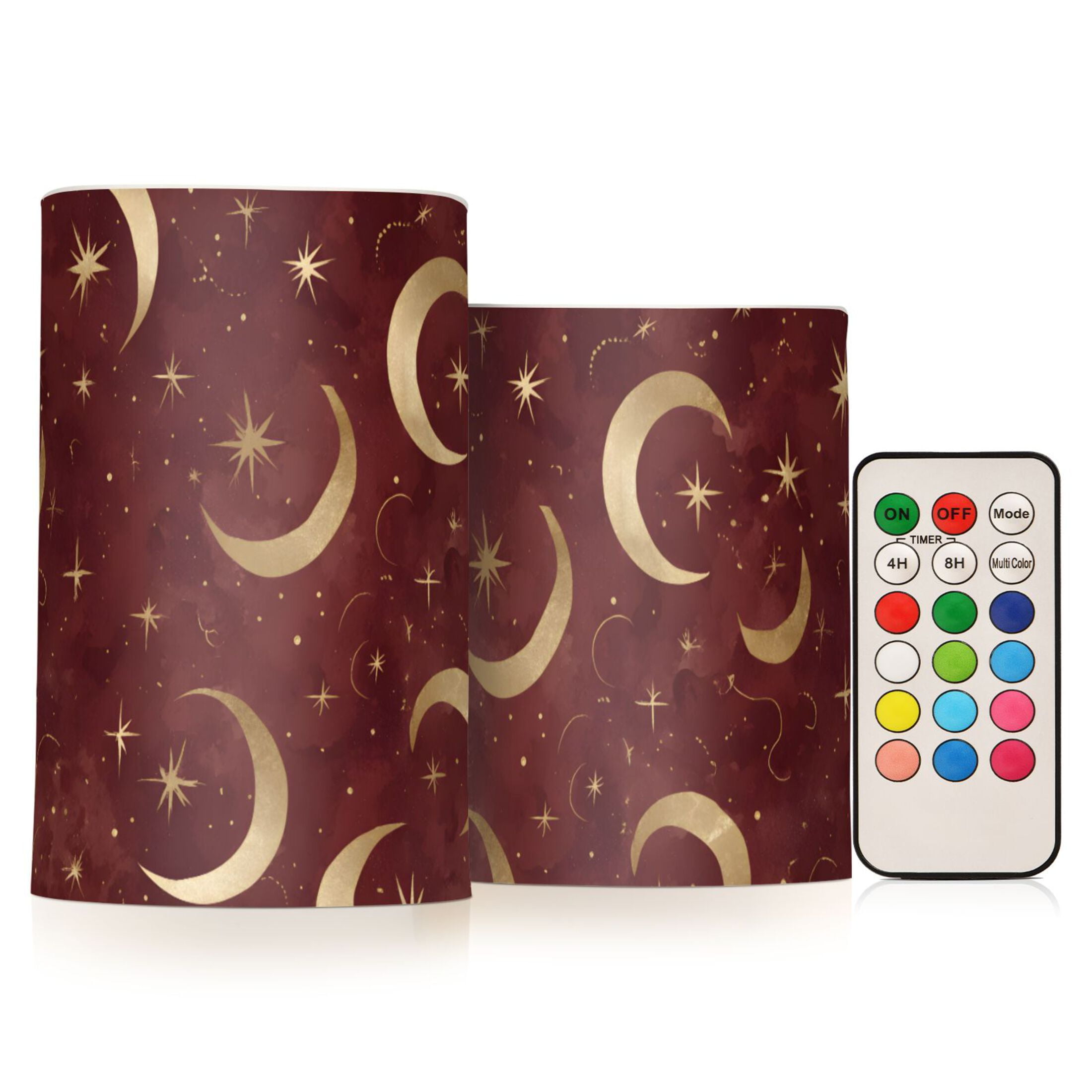 Stars and Moon Flameless LED Candle Set with Remote, Battery Operated Color Changing Pillar Candles, Set of 2