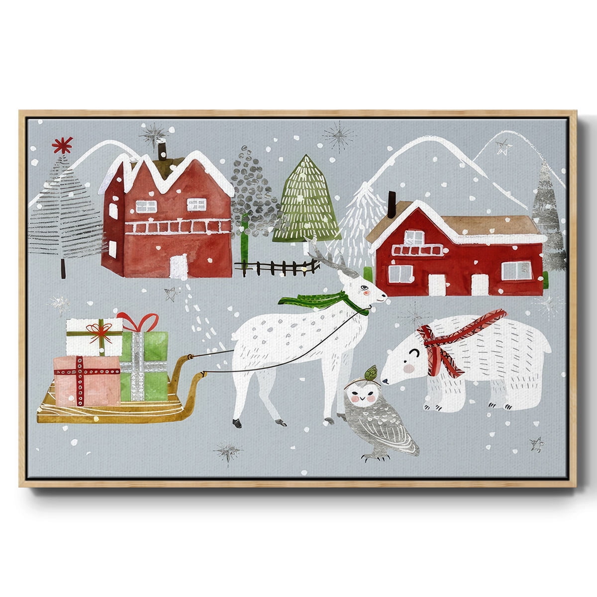 Stars and Snowflakes Collection A - Framed Gallery Wrapped Holiday Canvas - 17 x 25 - Natural Wood Frame