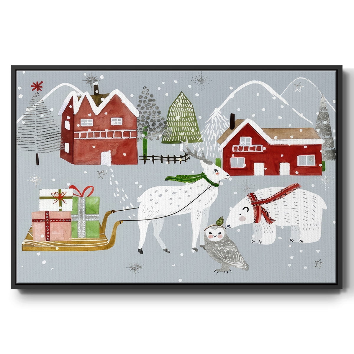 Stars and Snowflakes Collection A - Framed Gallery Wrapped Holiday Canvas - 25 x 37 - Black Frame
