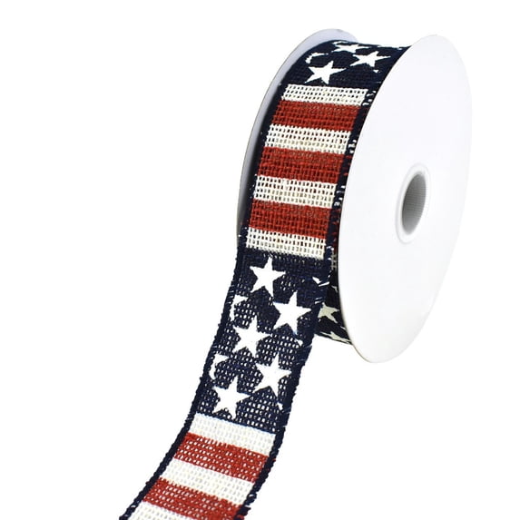 Stars and Stripes Faux Burlap Wired Ribbon, 1-1/2-Inch, 10-Yard, White
