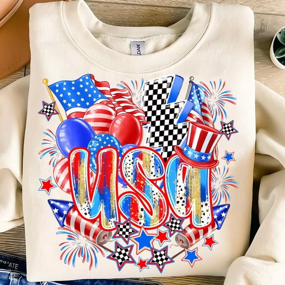 Stars and Stripes Fireworks Sweatshirt, USA Checkered Flag 4th of July Pullover, Red White Blue Patriotic Shirt for Independence Day BTO