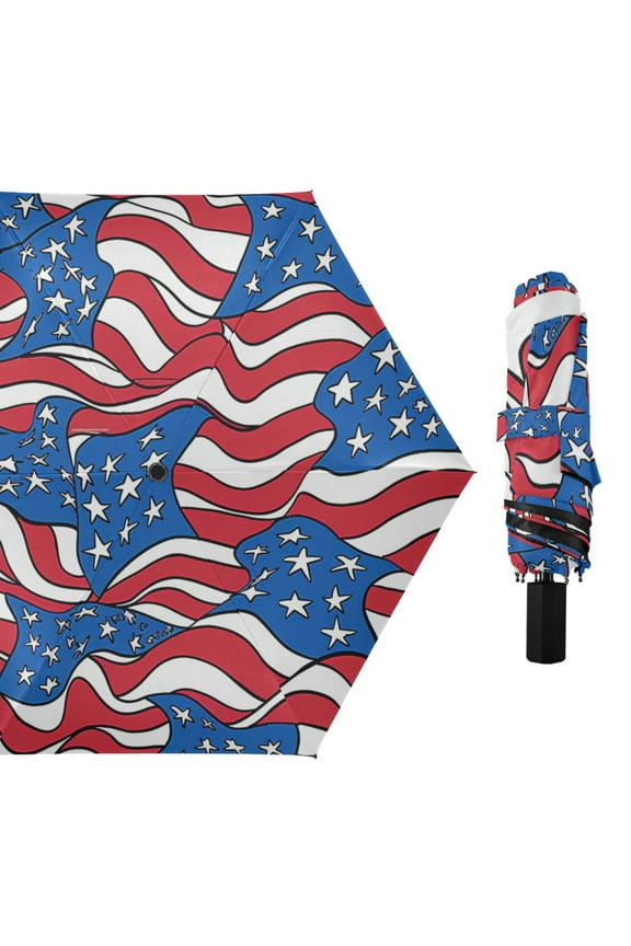 Stars and Stripes Flag Pattern All Weather Umbrella Triple Folding Parasol 6 Ribs UV Protection Portable