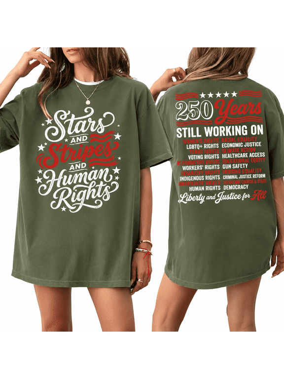 Stars and Stripes and Human Rights T-Shirt, America 250 Years Social Justice Front and Back Graphic Tee, Equality and Democracy Shirt