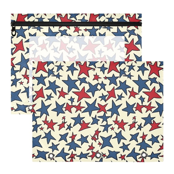 Stars in Blue and Red 3-Ring Binder Pouches A4 Size Zipper Pocket File Storage 2 Packs