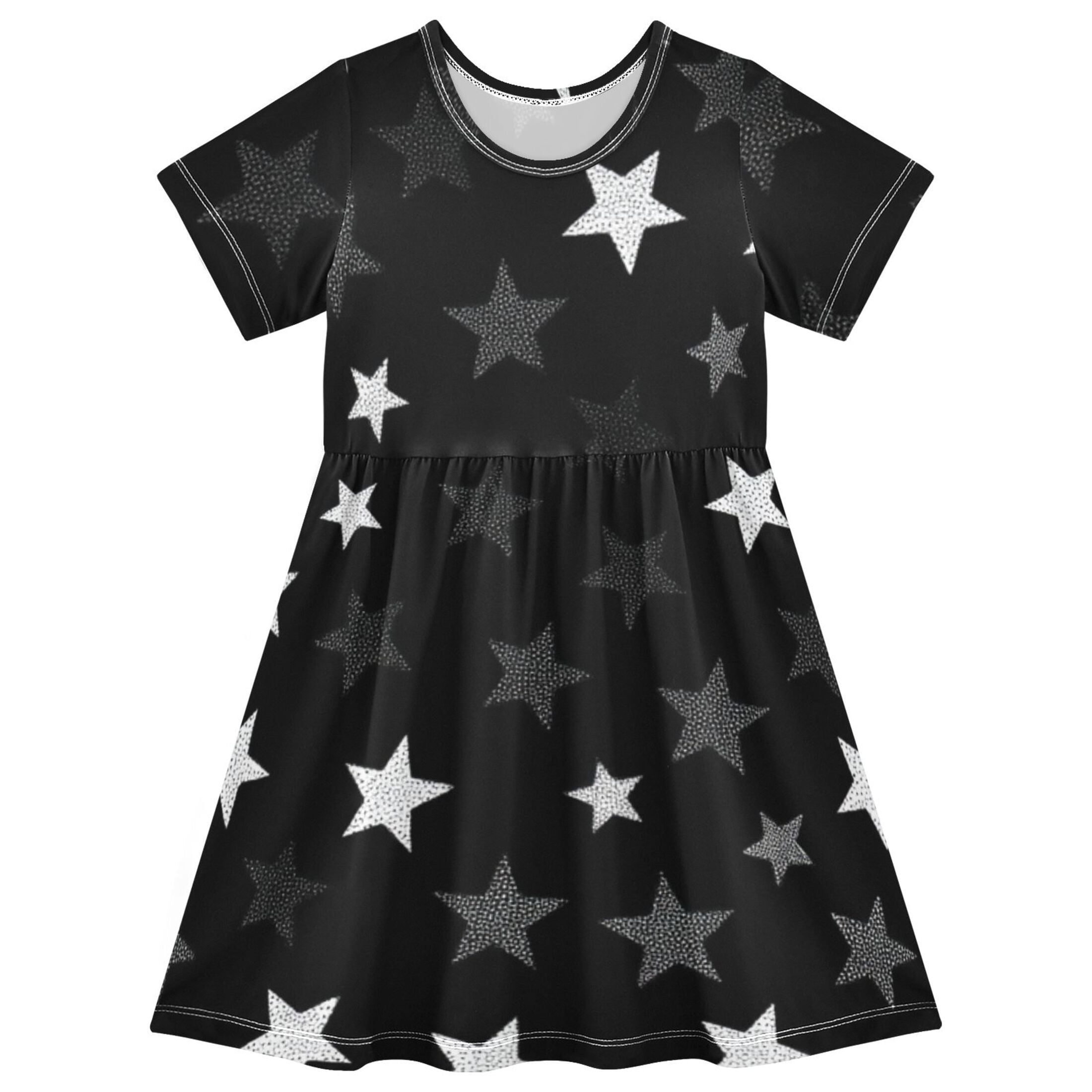 Stars on Black Background Girls' Short Sleeve Dress A-Line One-Piece ...