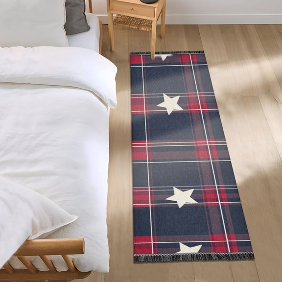Stars on Red Blue Plaids Bedside Runner Rug 2'x 6' Non Slip Carpet Floor Mat Area Rug
