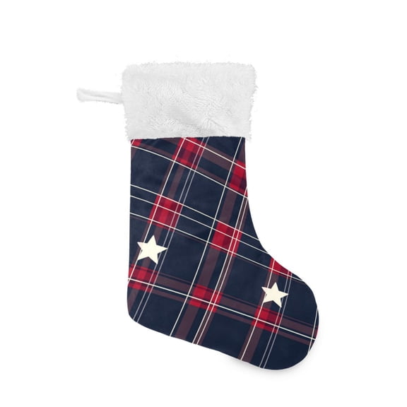 Stars on Red Blue Plaids Christmas Stockings Large Capacity 18 inch Gift Bag with Hook Xmas Holiday Decor 1 Pack