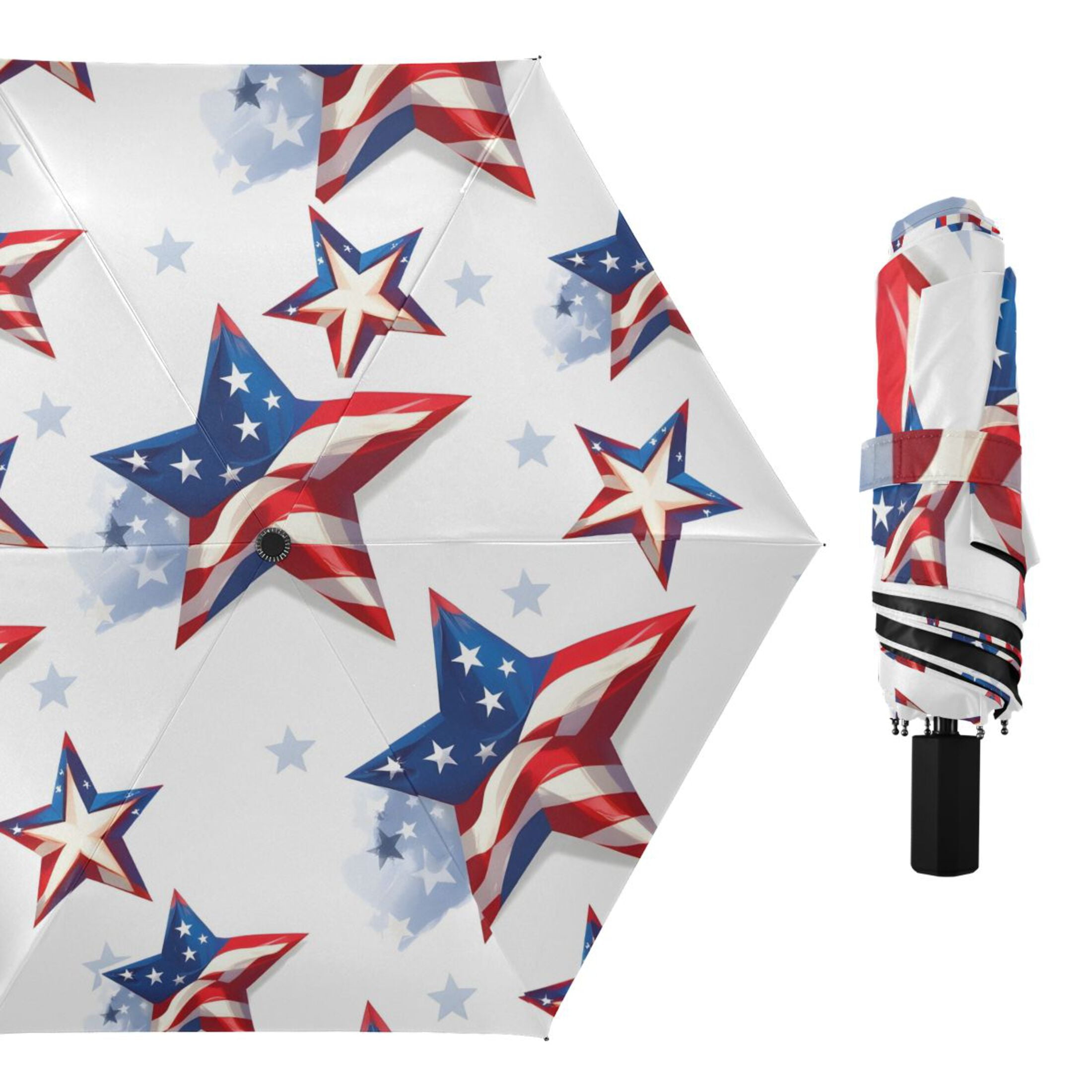 Stars with Flag Pattern All Weather Umbrella Triple Folding Parasol 6 Ribs UV Protection Portable