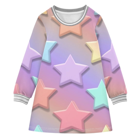 Stars with Pastel Light Long-sleeved Dress A-line One-Piece Dress for 2-8 Years Casual Party 4T