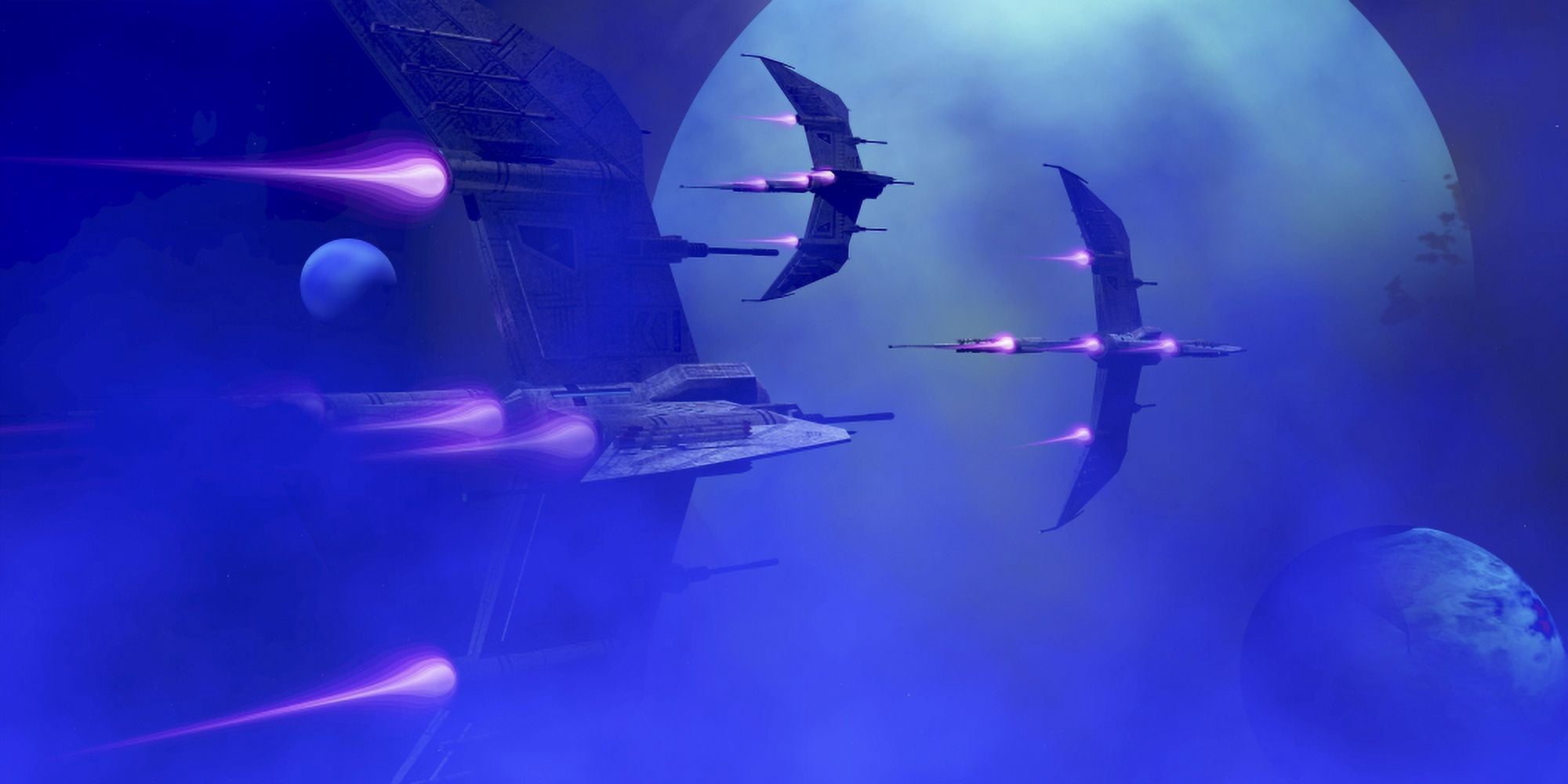 Starships blast past a blue planet and its moons Canvas Art - Corey FordStocktrek Images (20 x 10)