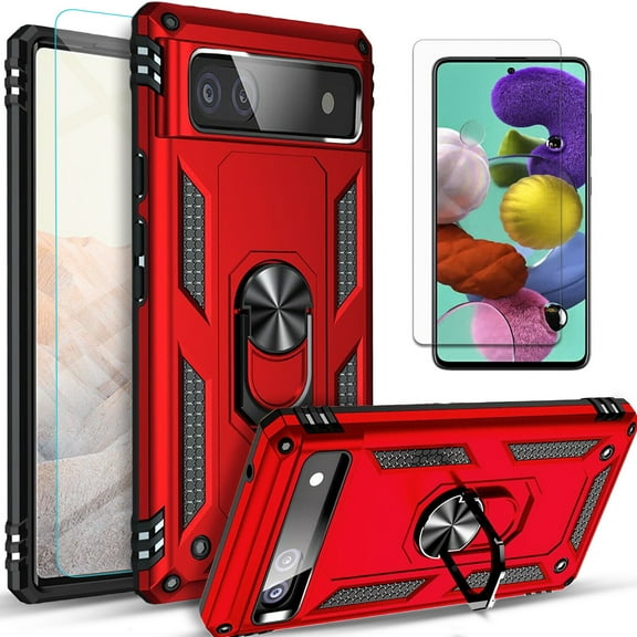 Starshop Case for Google Pixel 6A, With Tempered Glass Protector, Drop Protection Ring Kickstand Cover Red