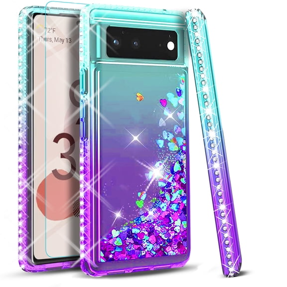 Starshop Case for Google Pixel 7, +Glass Screen Protector, Liquid Glitter Quicksand Bling Diamond Teal/Purple