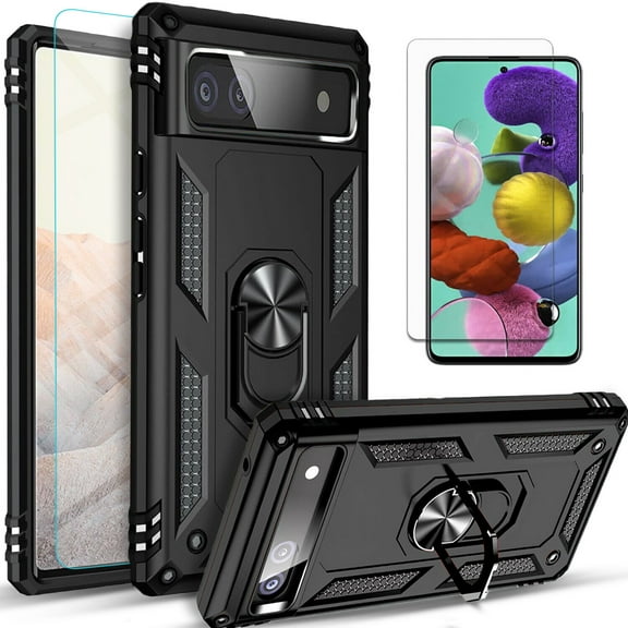Starshop Case for Google Pixel 7 Pro, With Tempered Glass Protector, Drop Protection Ring Kickstand Cover Black