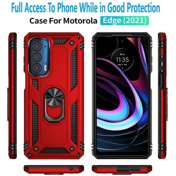 Starshop Case for Motorola Edge 5G UW, Drop Protection Ring Kickstand Cover- Red