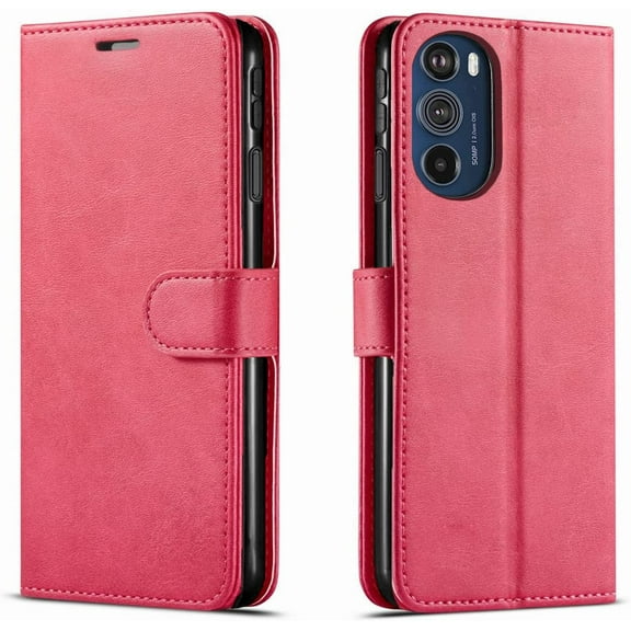 Starshop Case for Motorola Edge Plus 2022, +Glass Screen Protector, Premium Leather Wallet Pocket Pink