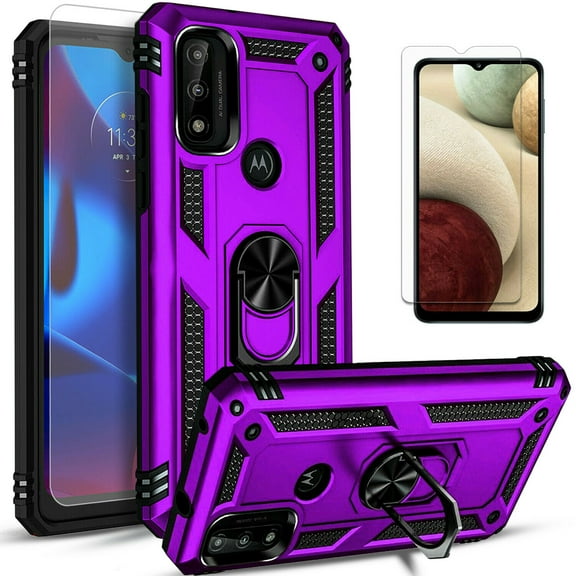 Starshop Case for Motorola Moto G Pure, +Glass Screen Protector Drop Protection Ring Kickstand Cover Purple