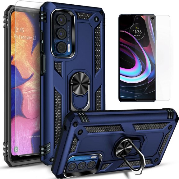 Starshop Case for Motorola Moto G52, +Glass Screen Protector Drop Protection Ring Kickstand Cover Blue