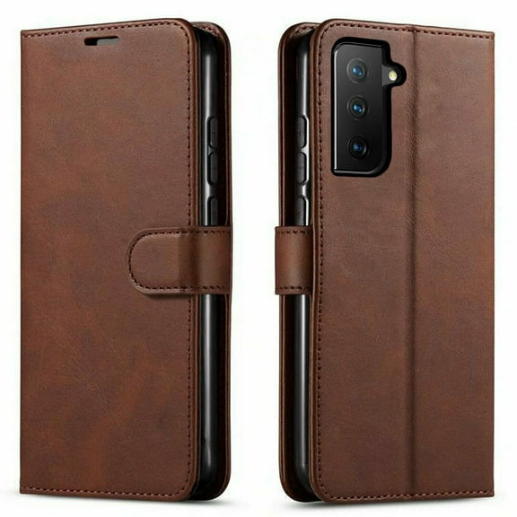 Starshop Case for Samsung Galaxy S22, +Screen Protector, Premium Leather Wallet Pocket Credit Card Slots-Brown
