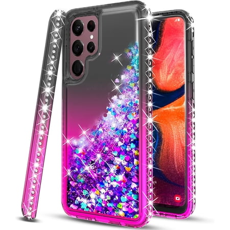 Starshop Case for Samsung Galaxy S22 Ultra, +Glass Screen Protector, Liquid Glitter Quicksand Bling Diamond -Black/Pink