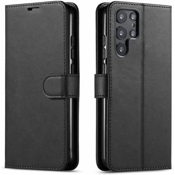 Starshop Case for Samsung Galaxy S22 Ultra, +Screen Protector, Premium Leather Wallet Pocket Credit Card Slots-Black