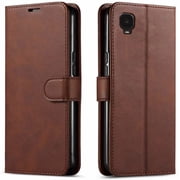 Starshop Case for TCL A3, +Glass Screen Protector, Premium Leather Wallet Pocket Brown