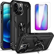 Starshop Case for iPhone 14 Pro, With Tempered Glass Protector, Drop Protection Ring Kickstand Cover Black