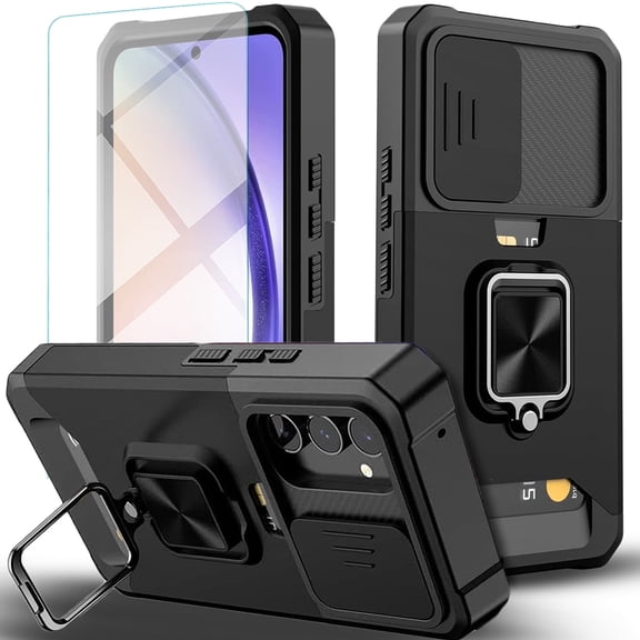 Starshop For Samsung Galaxy A16 5G Case Phone Cover Slide Camera Protection, Credit Card Slot & Ring Kickstand - Black