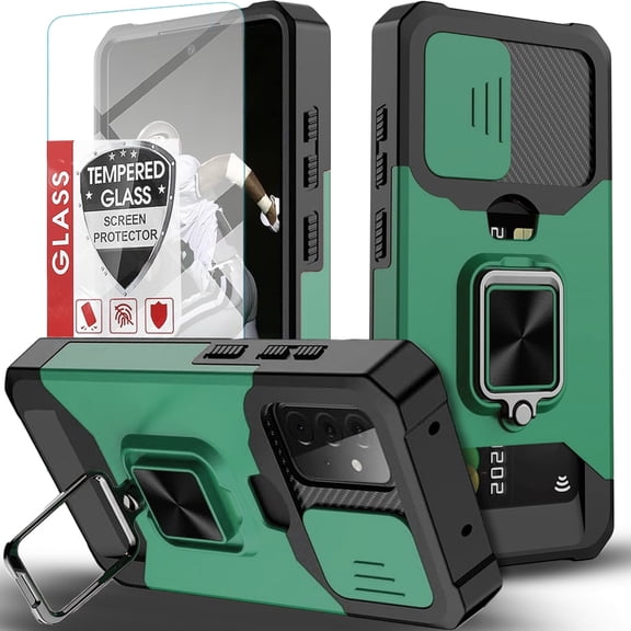 Starshop For Samsung Galaxy A16 5G Case Phone Cover Slide Camera Protection, Credit Card Slot & Ring Kickstand - Green