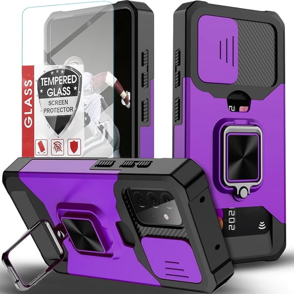 Starshop For Samsung Galaxy A16 5G Case Phone Cover Slide Camera Protection, Credit Card Slot & Ring Kickstand - Purple
