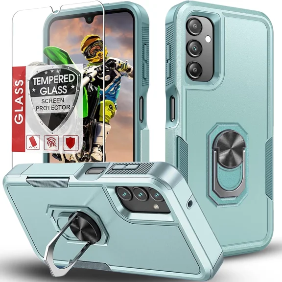 Starshop For Samsung Galaxy A17 5G Case Phone Cover Rotatable Ring Stand Case With Glass Screen - Teal