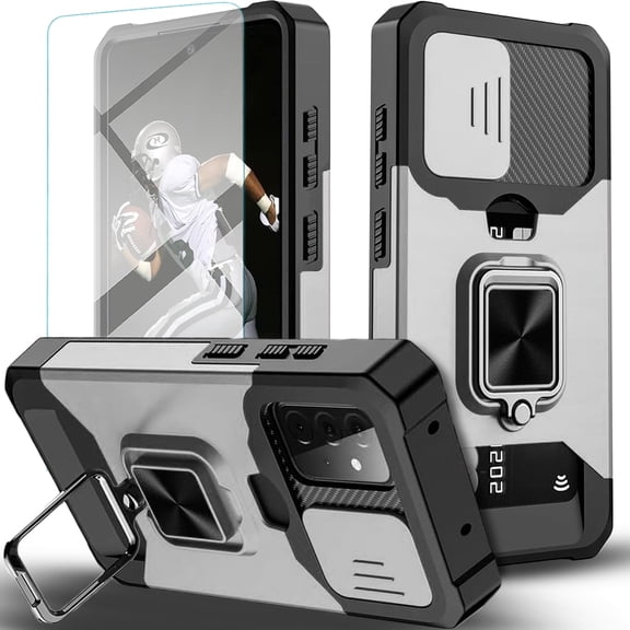Starshop For Samsung Galaxy A17 5G Case Phone Cover Slide Camera Protection, Credit Card Slot & Ring Kickstand - Silver