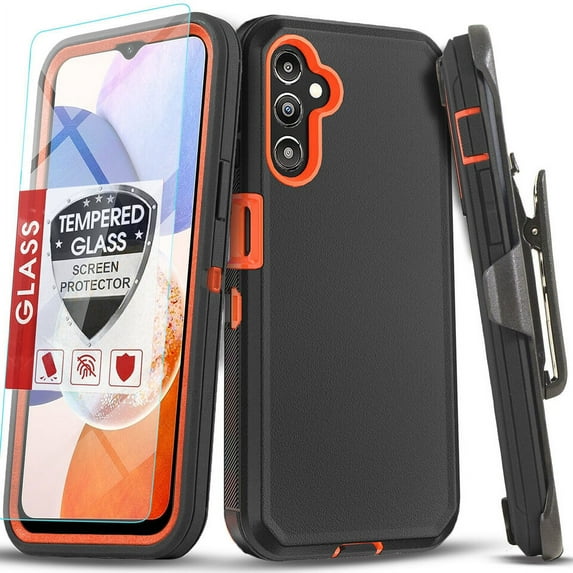 Starshop Galaxy A14 5G case, With Tempered Glass Protector, Shockproof Protection Rugged Hybrid Drop Belt Clip Cover Orange