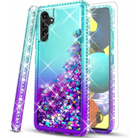 Starshop Galaxy A54 5G case, With Tempered Glass Protector, Liquid Glitter Quicksand Bling Diamond Teal/Purple