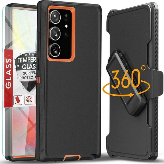 Starshop Galaxy Note 20 Ultra case, With Tempered Glass Protector, Shockproof Protection Rugged Hybrid Drop Belt Clip Cover Orange