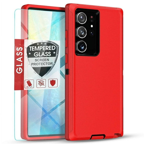 Starshop Galaxy S21 FE case, With Tempered Glass Protector, Shockproof Protection Rugged Hybrid Drop Belt Clip Cover Red