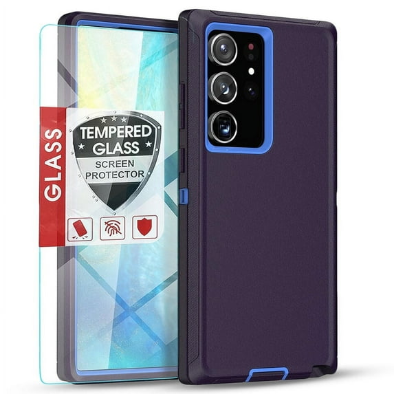 Starshop Galaxy S22 Ultra case, With Tempered Glass Protector, Shockproof Protection Rugged Hybrid Drop Belt Clip Cover Blue