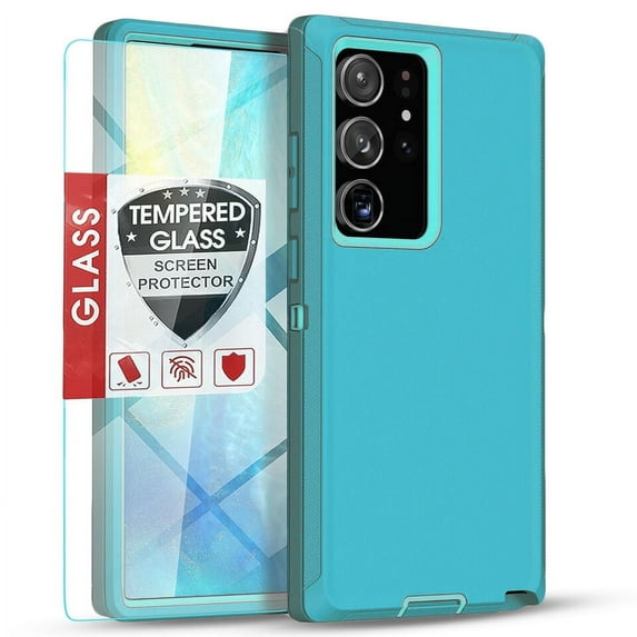 Starshop Galaxy S22 case, With Tempered Glass Protector, Shockproof Protection Rugged Hybrid Drop Belt Clip Cover Teal